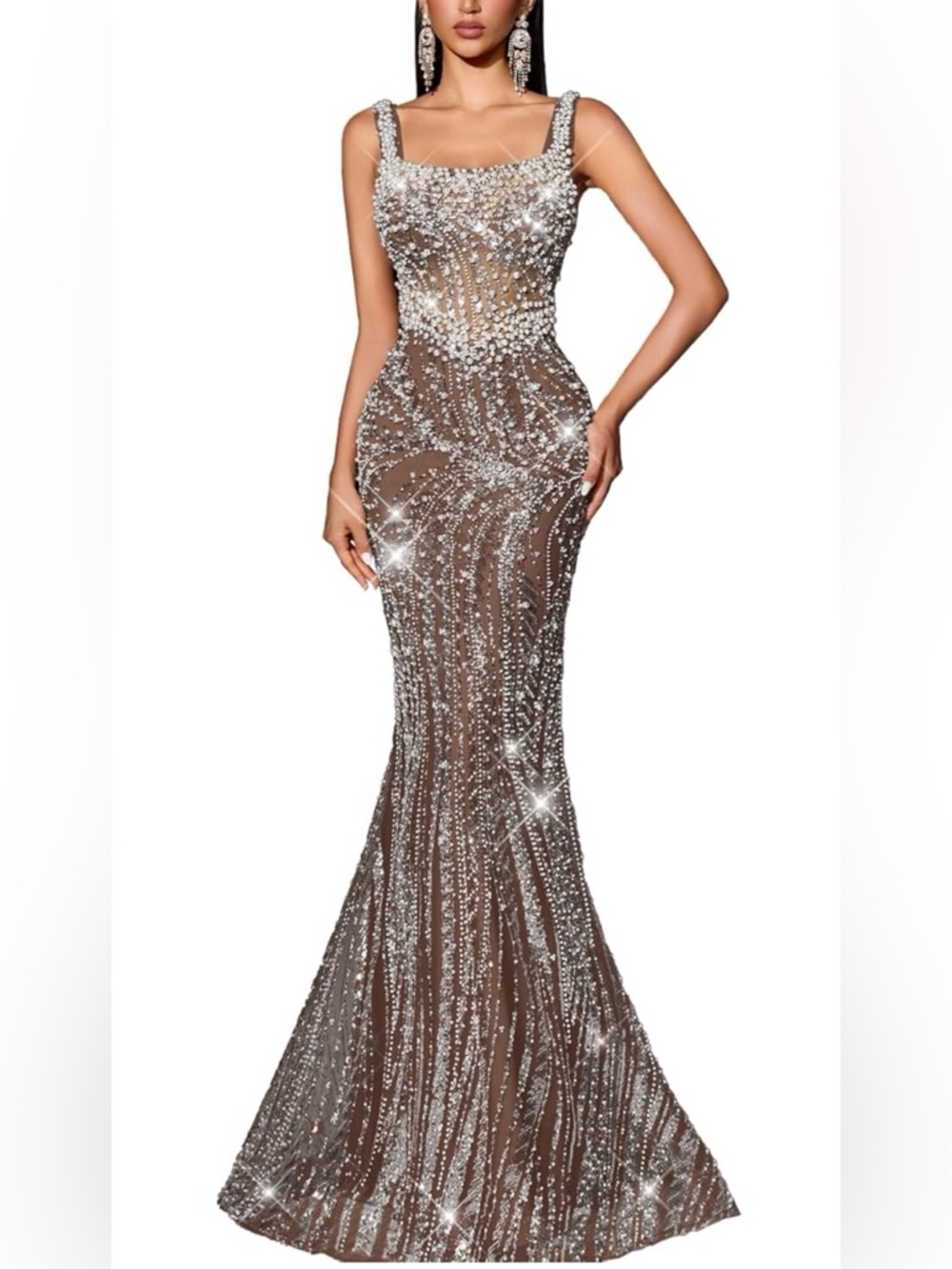 Sparkling Nude Illusion Crystal Mermaid Prom Dress